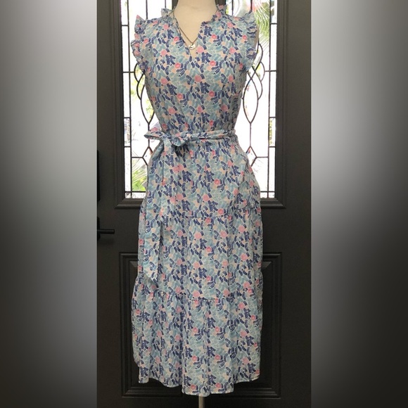 Talbots Dresses & Skirts - Talbots Blue and Pink Ruffled Flutter Sleeve Midi Dress | Size 10